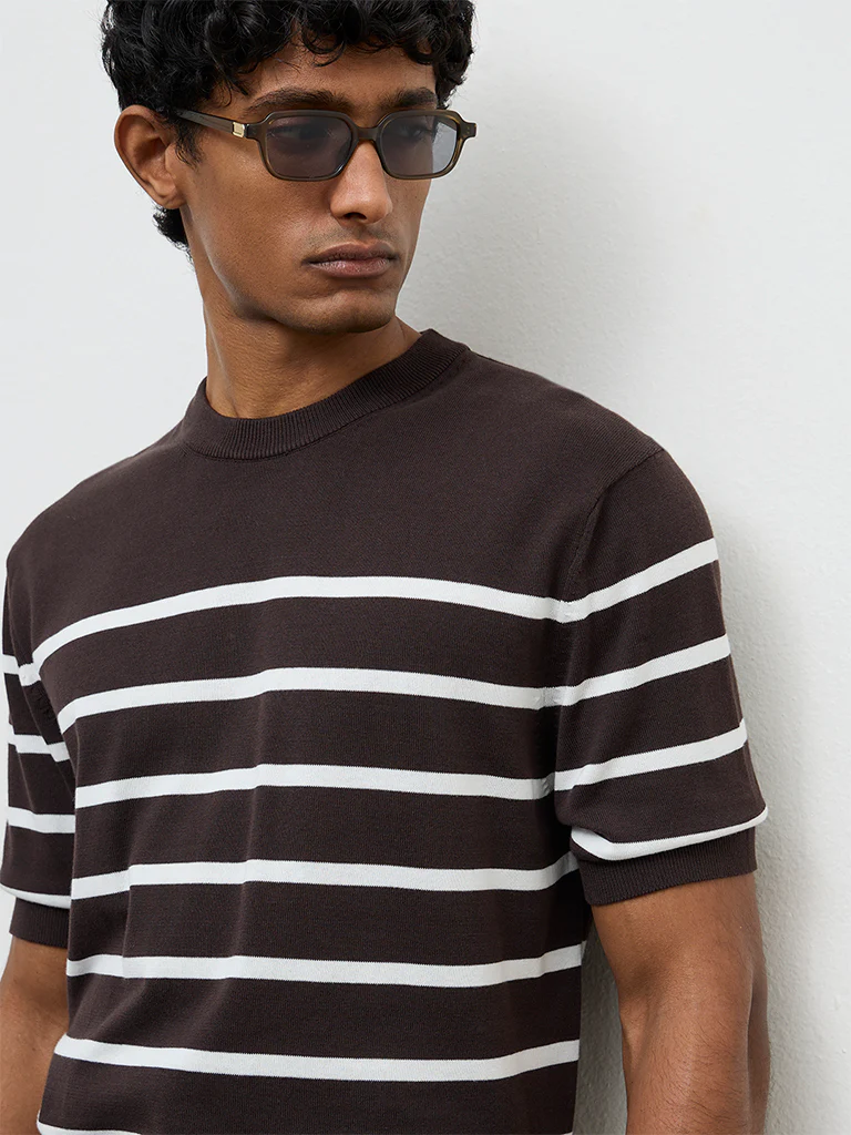 Ascot Dark Brown Striped Relaxed-Fit Cotton T-Shirt - Image 4
