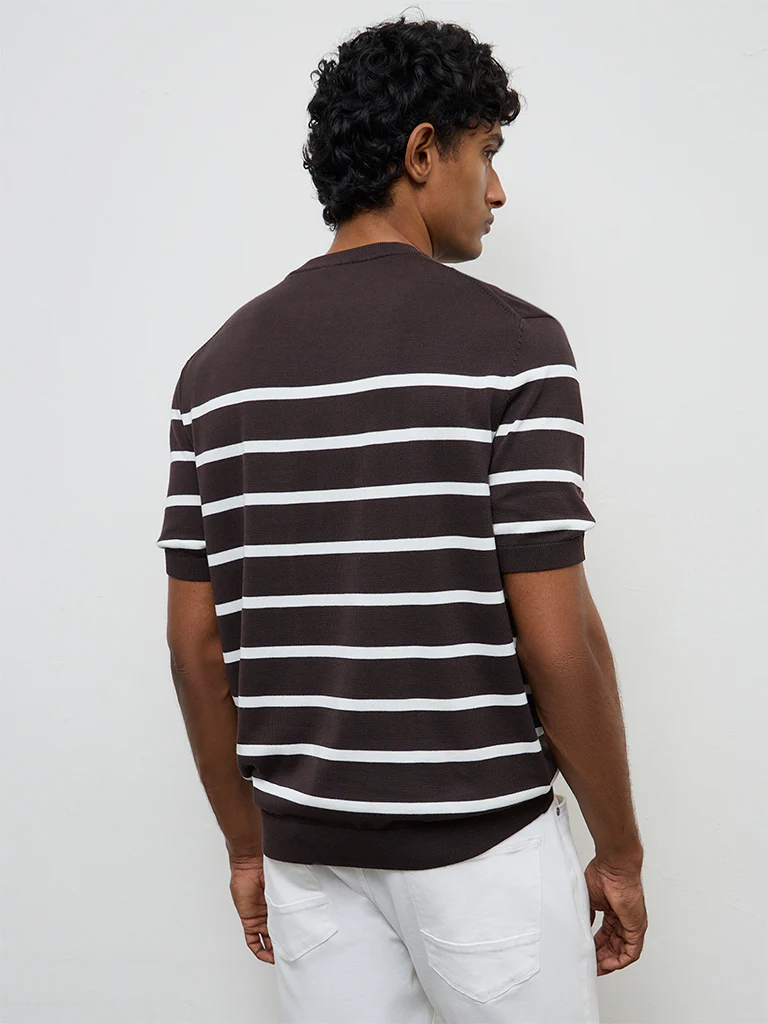 Ascot Dark Brown Striped Relaxed-Fit Cotton T-Shirt - Image 5