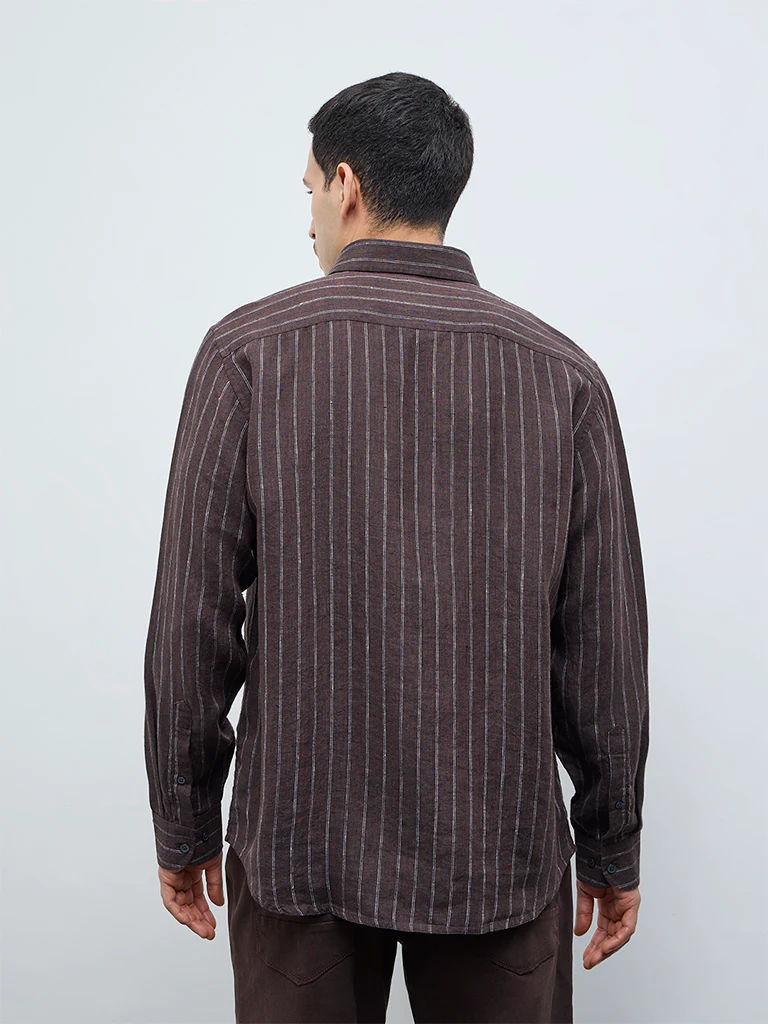 Ascot Dark Brown Striped Relaxed-Fit Linen Shirt - Image 4