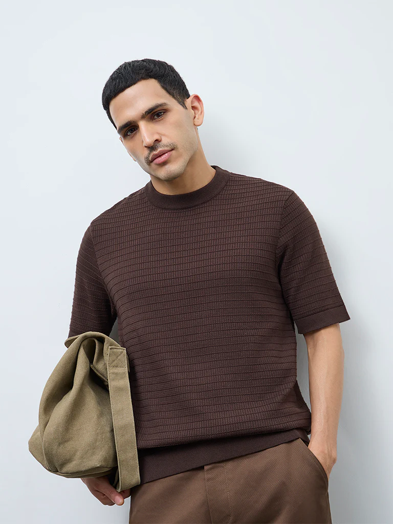Ascot Dark Brown Textured Relaxed-Fit Cotton T-Shirt - Image 3