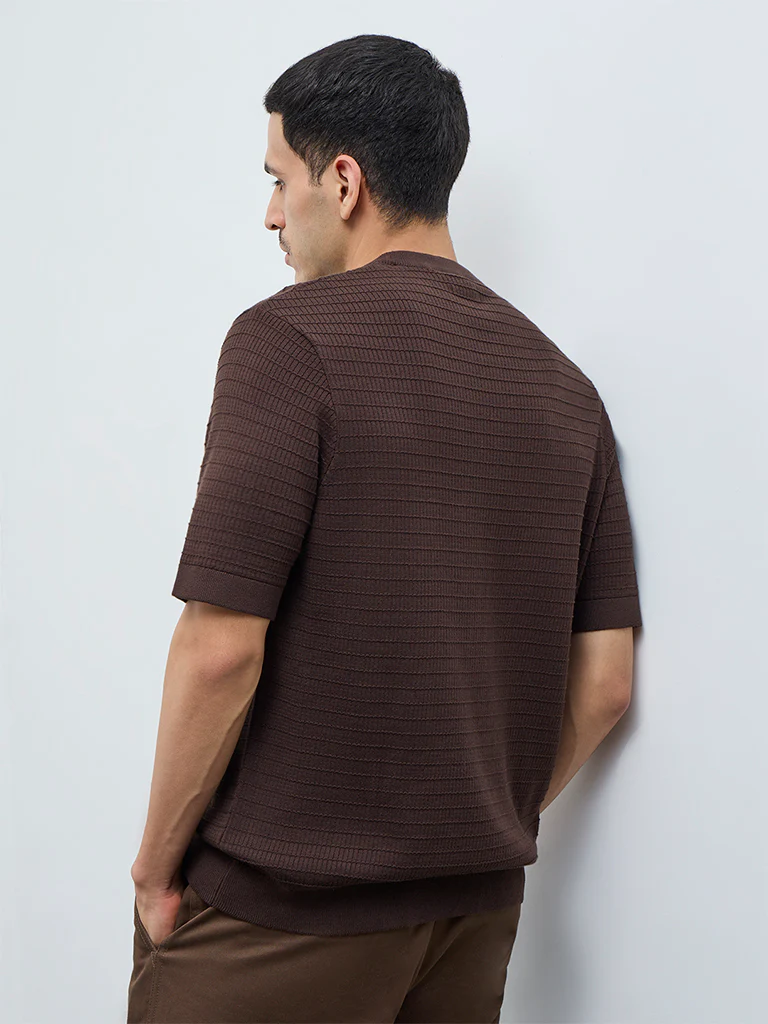 Ascot Dark Brown Textured Relaxed-Fit Cotton T-Shirt - Image 5