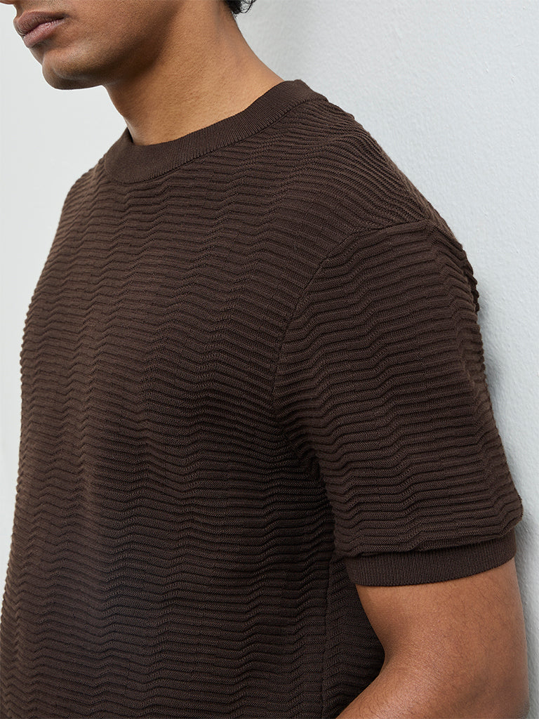 Ascot Dark Brown Textured Relaxed-Fit Cotton T-Shirt - Image 3