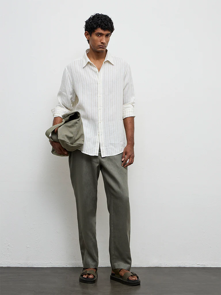 Ascot Dark Sage Relaxed-Fit Mid-Rise Linen Trousers