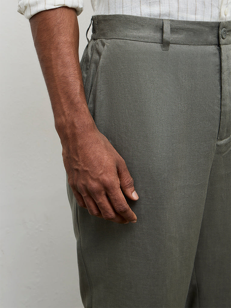 Ascot Dark Sage Relaxed-Fit Mid-Rise Linen Trousers - Image 3