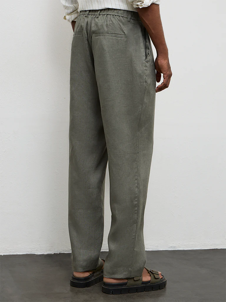 Ascot Dark Sage Relaxed-Fit Mid-Rise Linen Trousers - Image 4