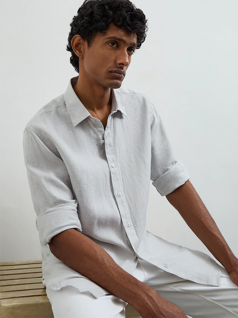 Ascot Grey Solid Relaxed-Fit Linen Shirt