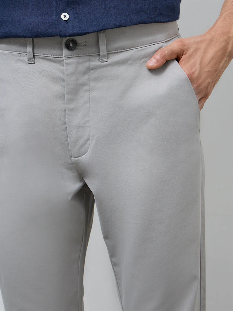 Ascot Grey Solid Relaxed-Fit Mid-Rise Cotton-Blend Trousers - Image 3