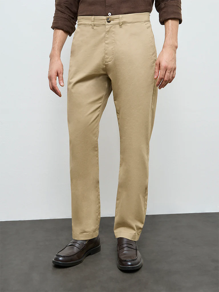 Ascot Khaki Relaxed-Fit Mid-Rise Cotton-Blend Trousers - Image 2