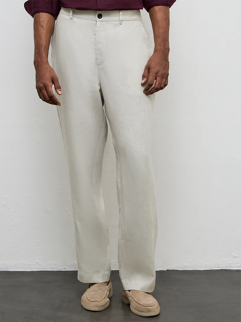 Ascot Light Beige Relaxed-Fit Mid-Rise Linen Trousers - Image 2