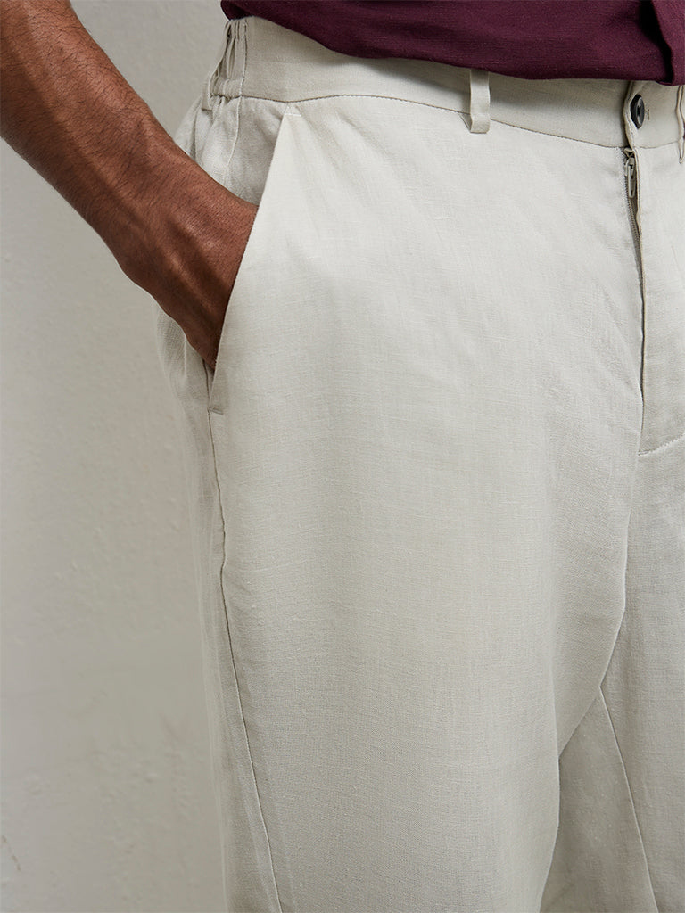 Ascot Light Beige Relaxed-Fit Mid-Rise Linen Trousers - Image 3
