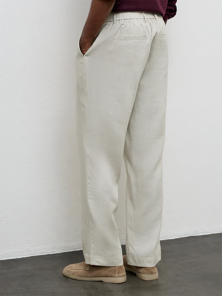 Ascot Light Beige Relaxed-Fit Mid-Rise Linen Trousers - Image 4