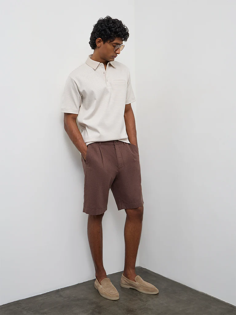 Ascot Light Beige Striped Relaxed-Fit Cotton Polo T-Shirt