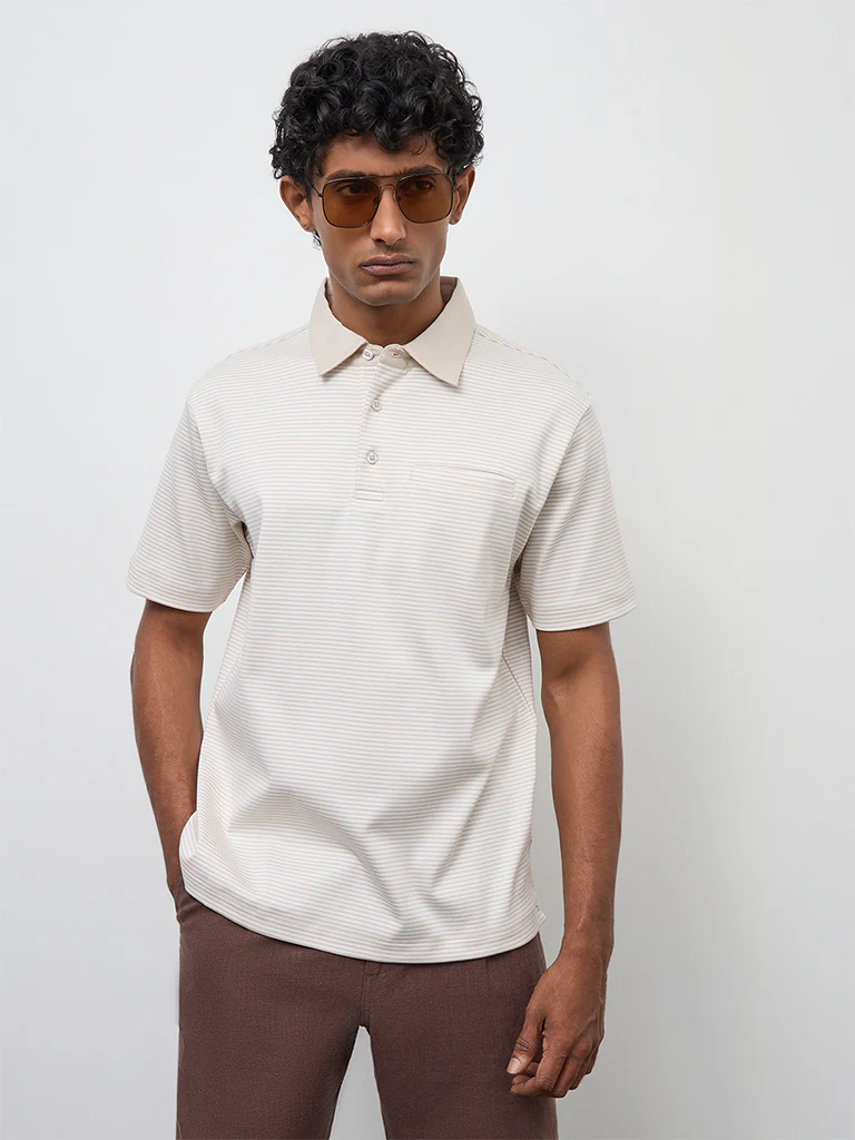 Ascot Light Beige Striped Relaxed-Fit Cotton Polo T-Shirt - Image 3