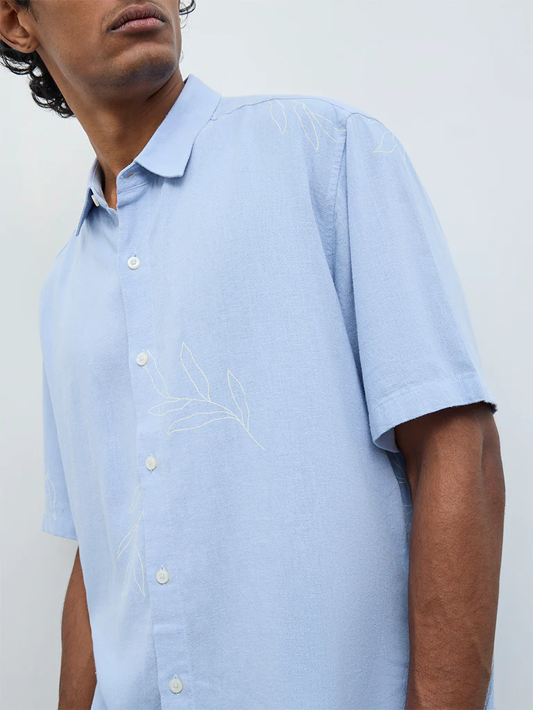Ascot Light Blue Botanical Pattern Relaxed-Fit Shirt - Image 3