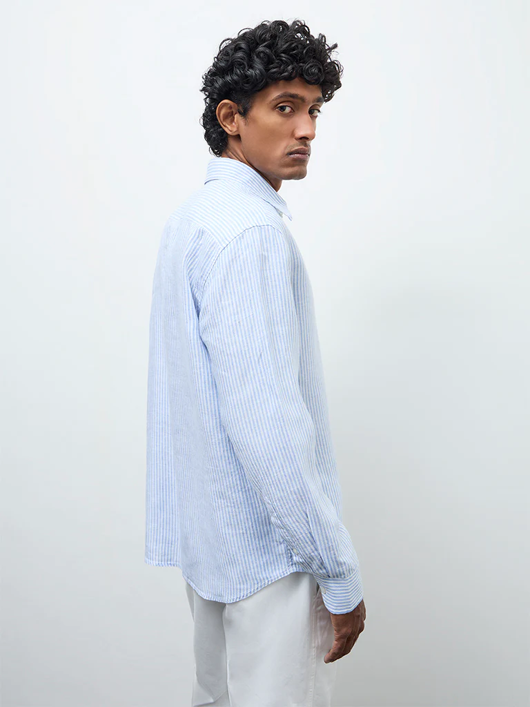 Ascot Light Blue Striped Relaxed-Fit Linen Shirt - Image 3