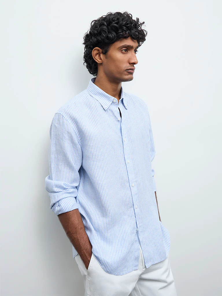 Ascot Light Blue Striped Relaxed-Fit Linen Shirt - Image 4