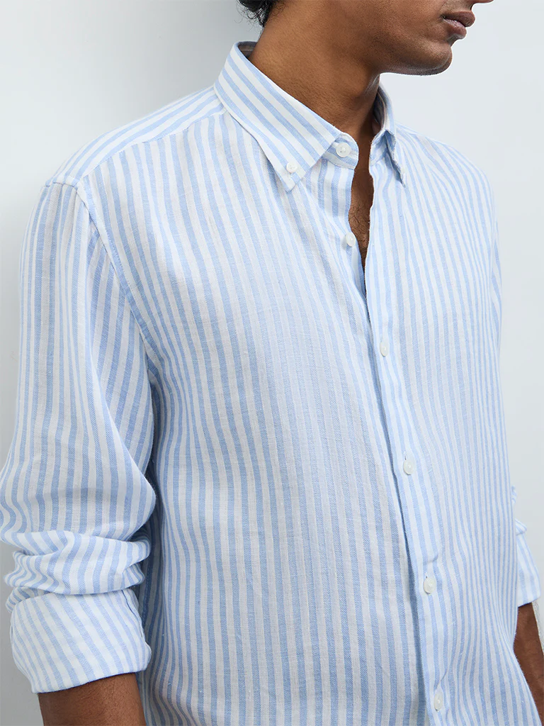 Ascot Light Blue Striped Relaxed-Fit Linen Shirt - Image 3