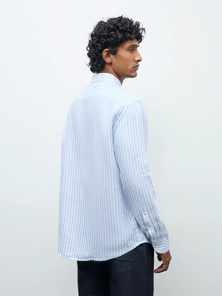 Ascot Light Blue Striped Relaxed-Fit Linen Shirt - Image 4