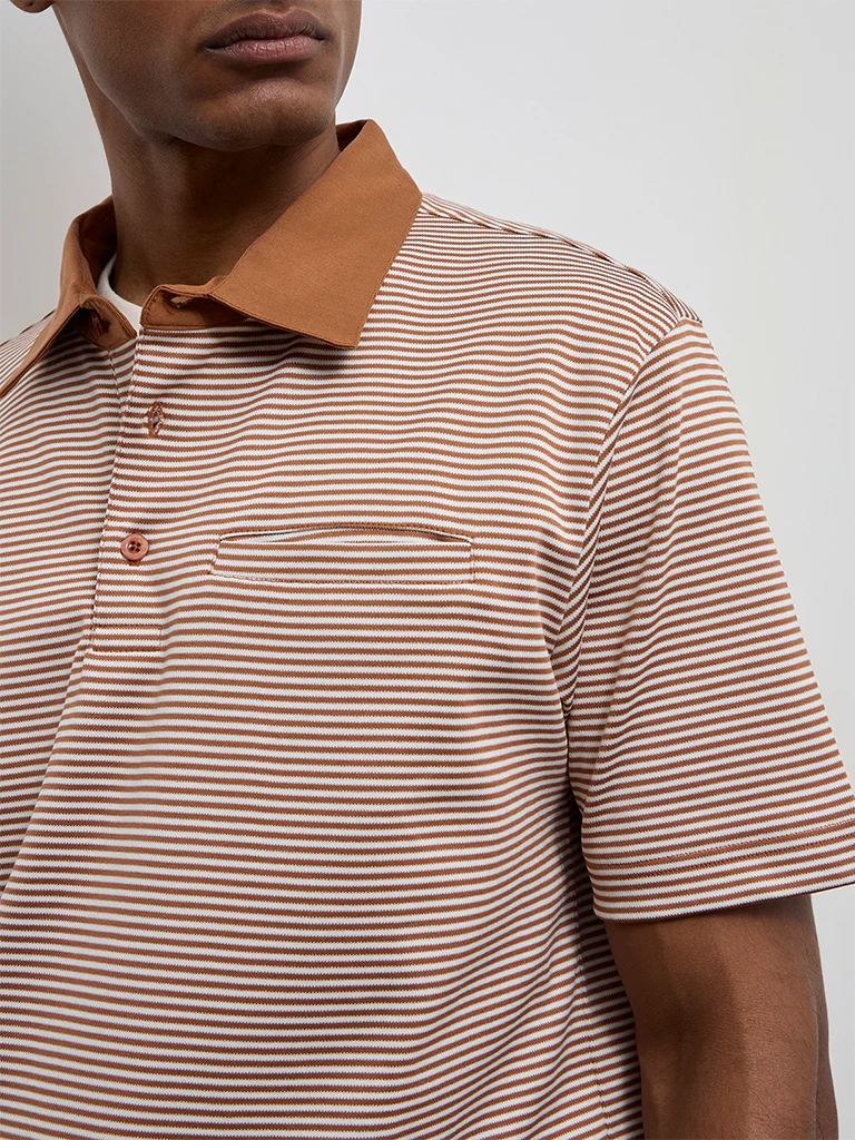 Ascot Light Brown Striped Relaxed-Fit Cotton Polo T-Shirt - Image 3