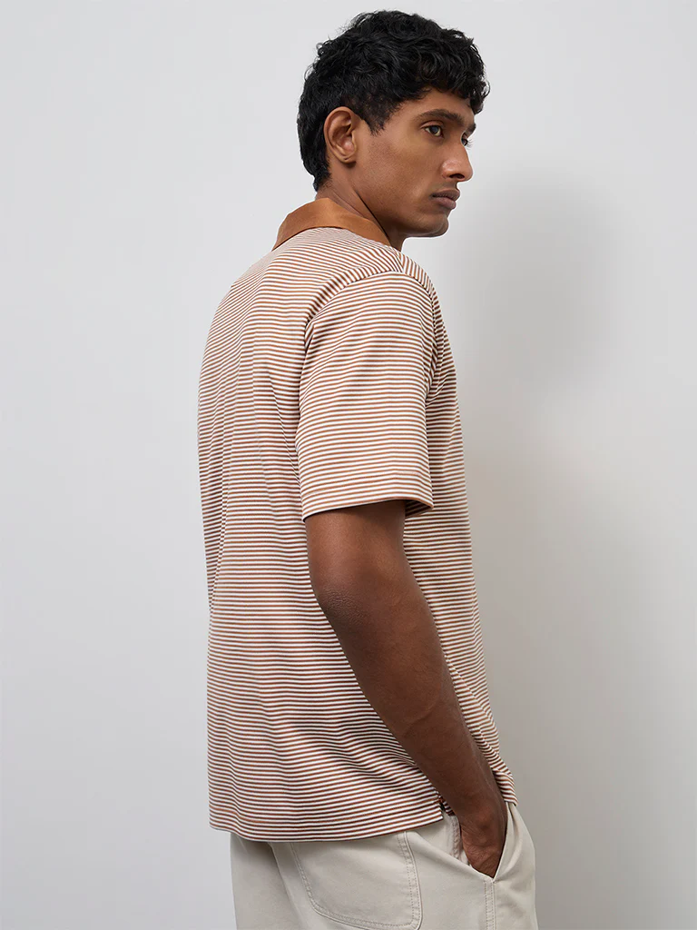 Ascot Light Brown Striped Relaxed-Fit Cotton Polo T-Shirt - Image 4