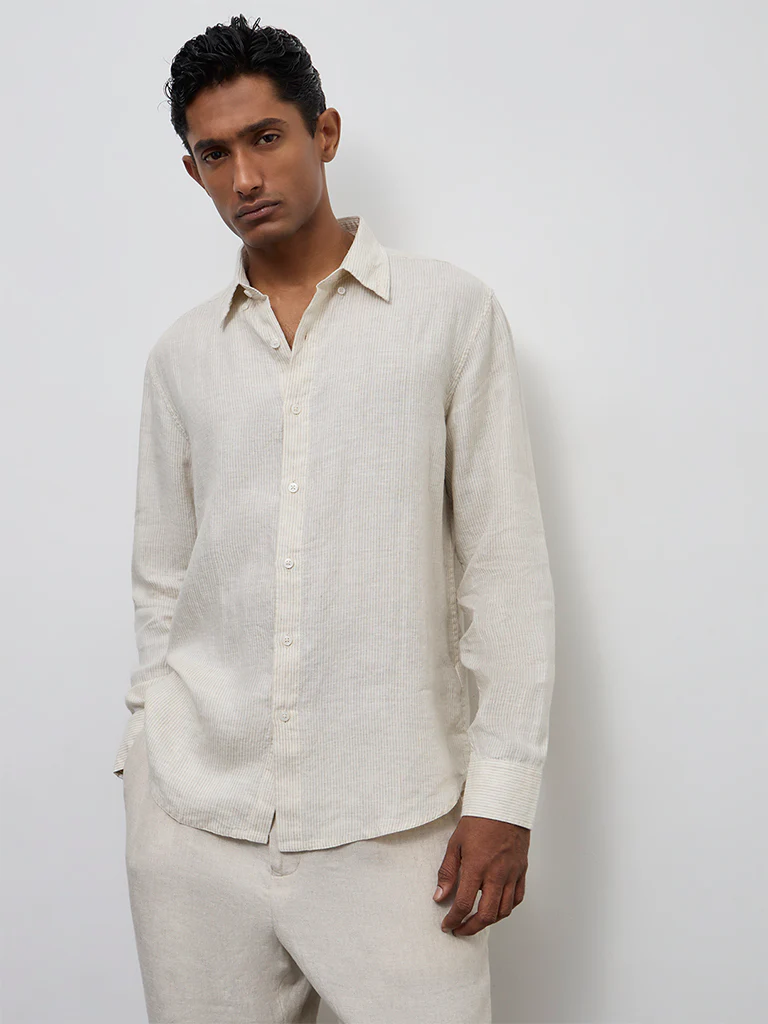 Ascot Light Grey Striped Relaxed-Fit Linen Shirt