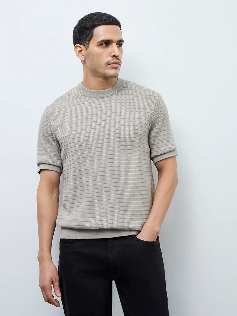 Ascot Light Taupe Textured Relaxed-Fit Cotton T-Shirt - Image 3