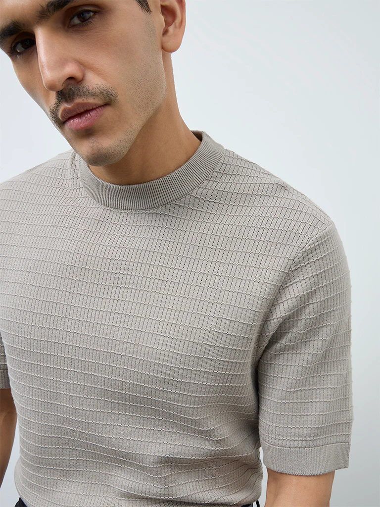 Ascot Light Taupe Textured Relaxed-Fit Cotton T-Shirt - Image 4