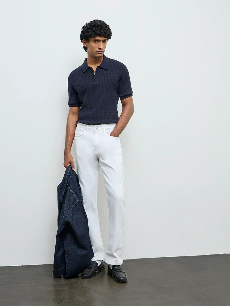 Ascot Navy Cable-Knit Relaxed-Fit Cotton Polo T-Shirt - Image 3