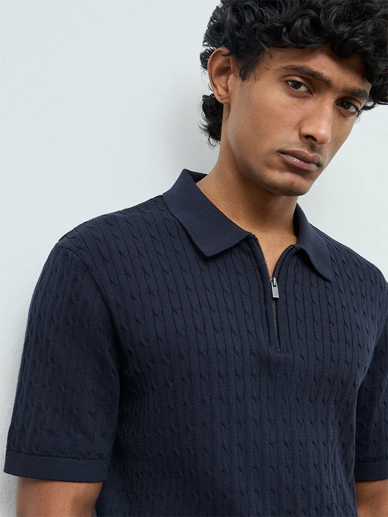 Ascot Navy Cable-Knit Relaxed-Fit Cotton Polo T-Shirt - Image 4
