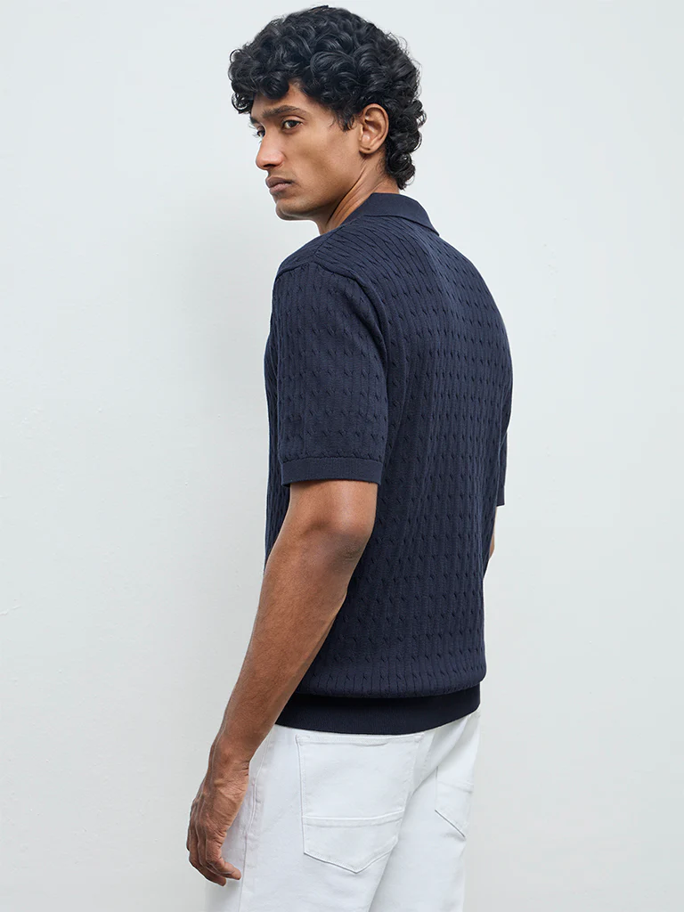 Ascot Navy Cable-Knit Relaxed-Fit Cotton Polo T-Shirt - Image 5