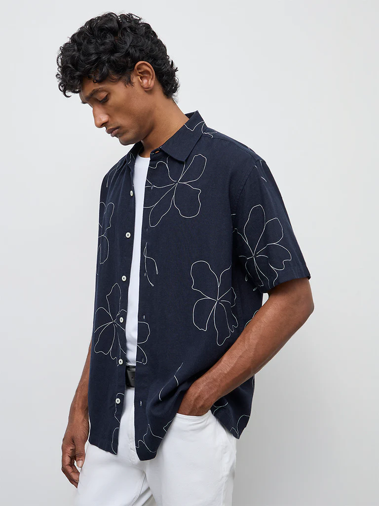 Ascot Navy Floral Printed Relaxed-Fit Shirt