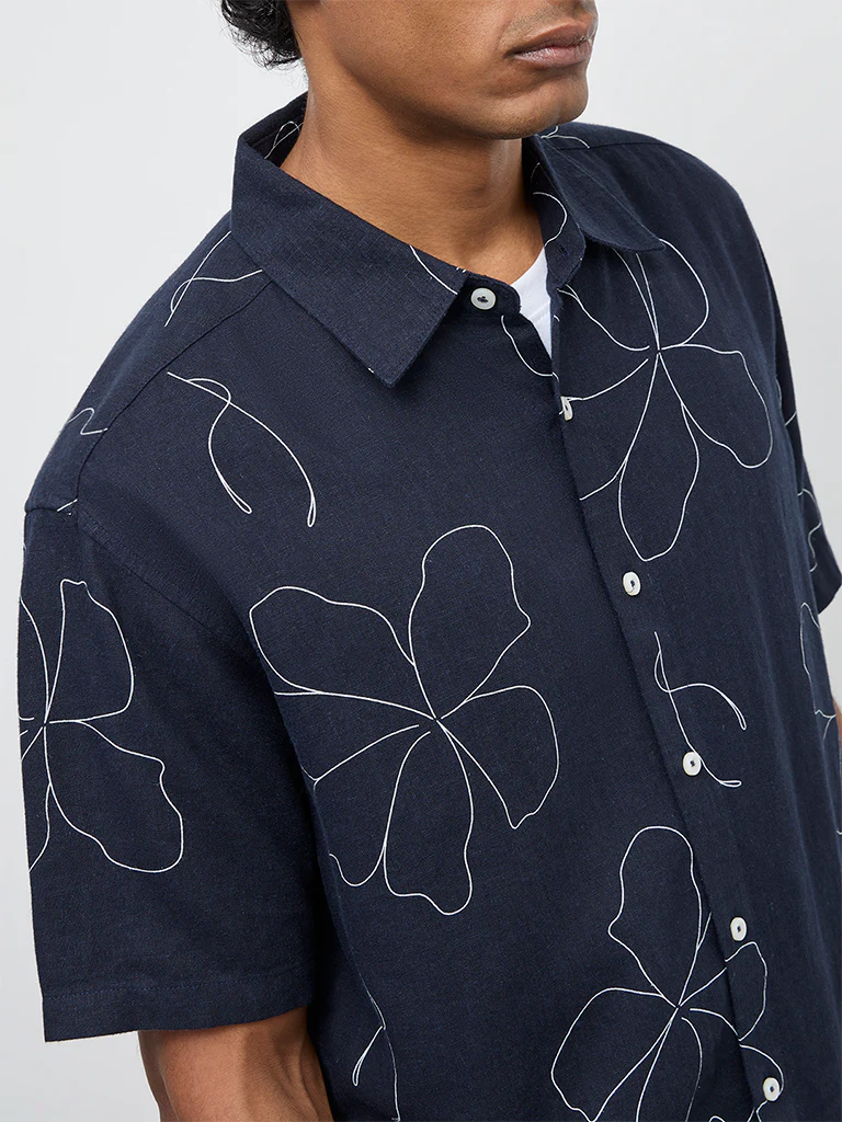 Ascot Navy Floral Printed Relaxed-Fit Shirt - Image 3
