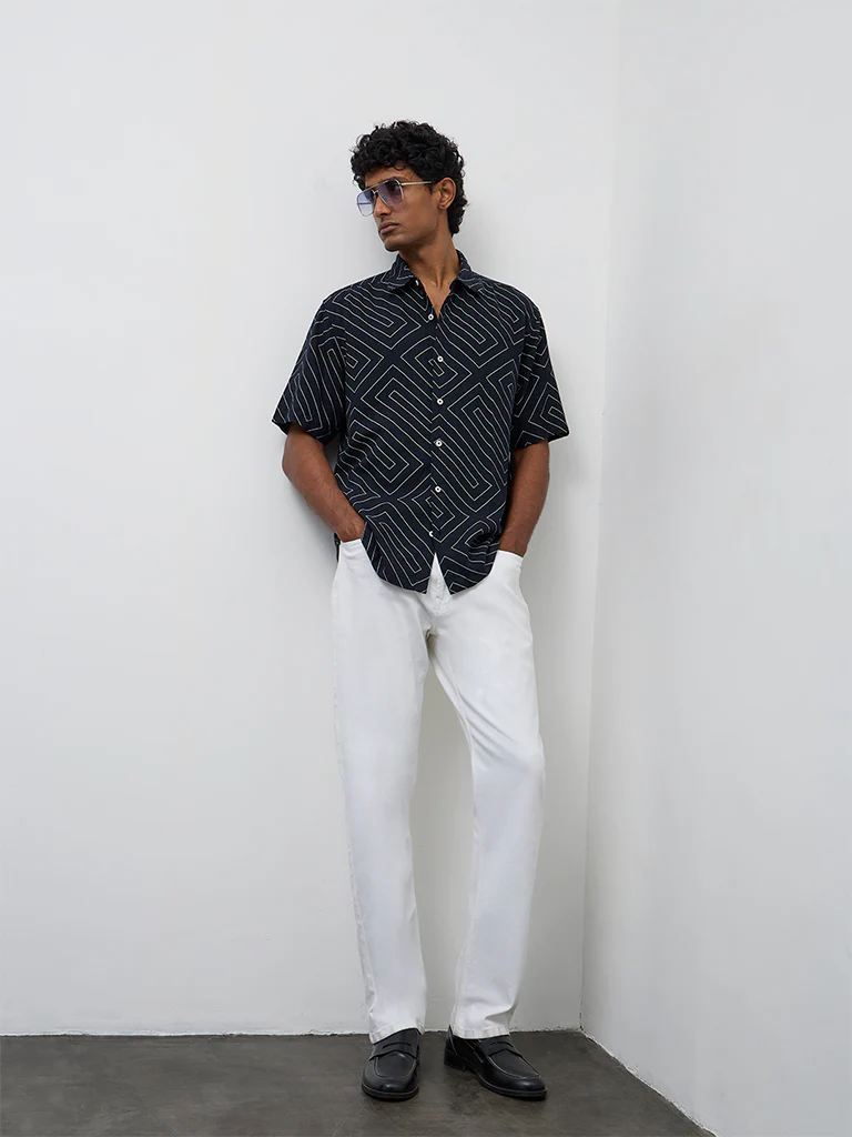 Ascot Navy Geometric Printed Relaxed-Fit Shirt - Image 2