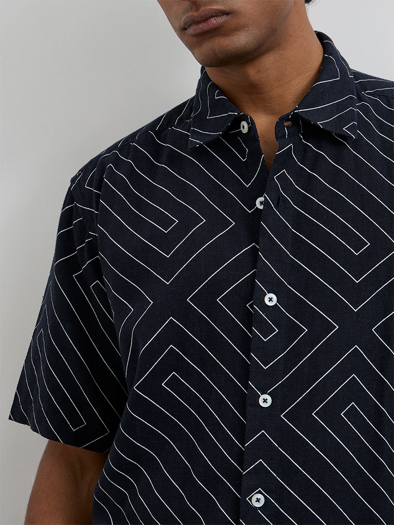 Ascot Navy Geometric Printed Relaxed-Fit Shirt - Image 3