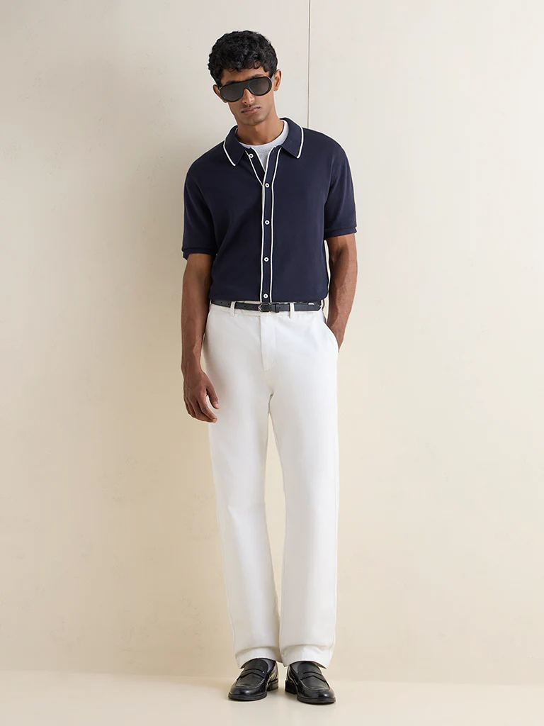 Ascot Navy Knit Relaxed-Fit Cotton-Blend Polo Shirt - Image 2