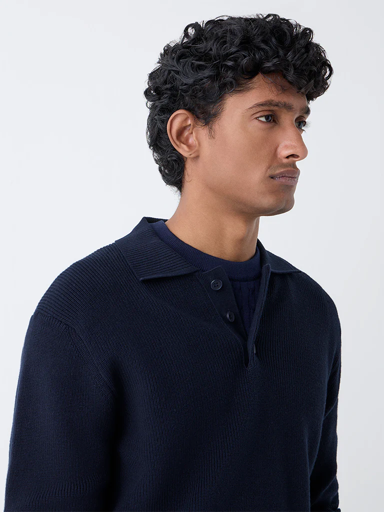 Ascot Navy Knit-Textured Relaxed-Fit Cotton Polo Sweater - Image 4