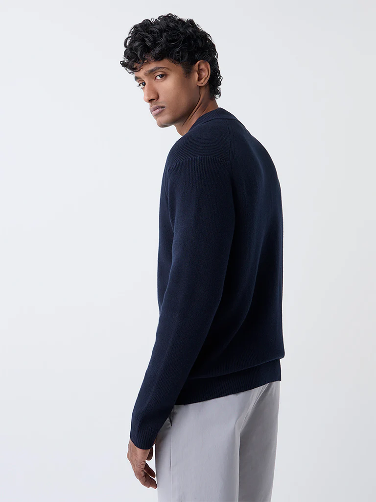 Ascot Navy Knit-Textured Relaxed-Fit Cotton Polo Sweater - Image 5