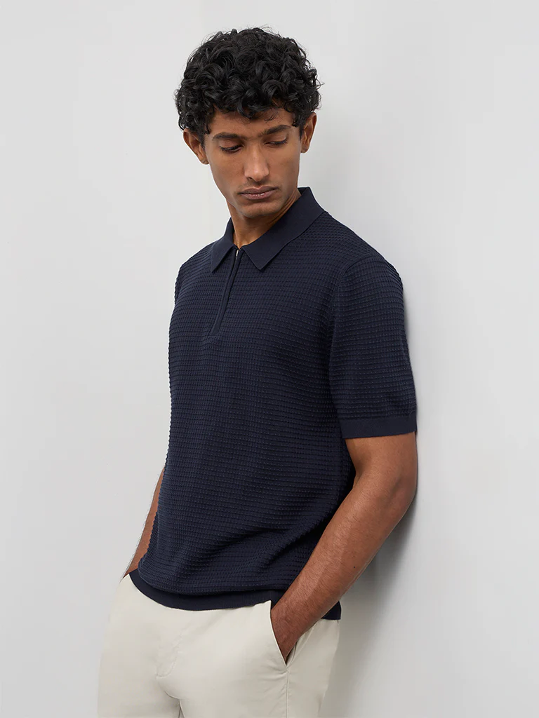 Ascot Navy Knit-Textured Relaxed-Fit Cotton T-Shirt - Image 3