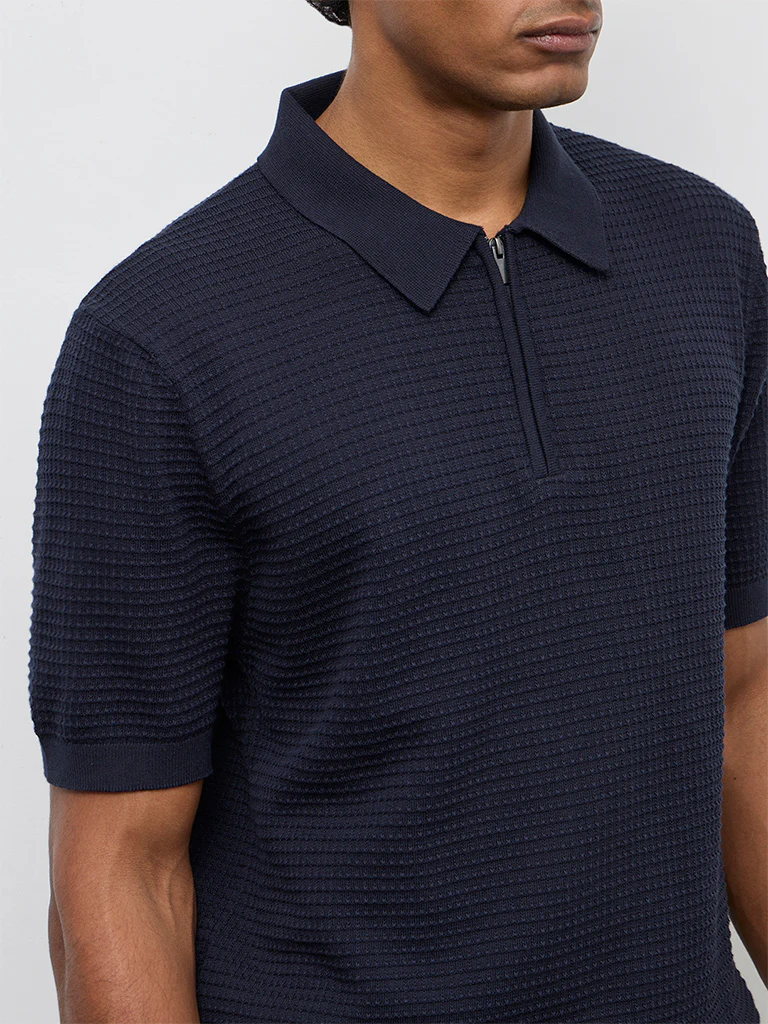 Ascot Navy Knit-Textured Relaxed-Fit Cotton T-Shirt - Image 4