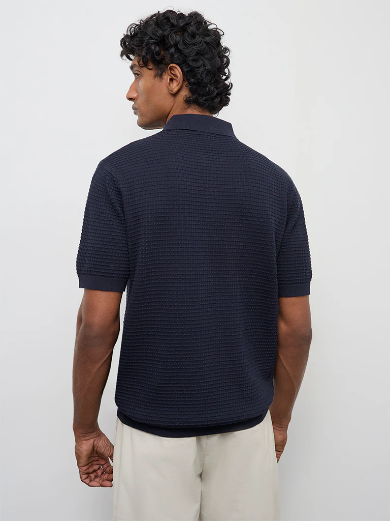 Ascot Navy Knit-Textured Relaxed-Fit Cotton T-Shirt - Image 5