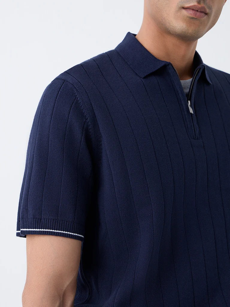 Ascot Navy Relaxed-Fit Cotton-Blend Quarter-Zip Polo T-Shirt - Image 4
