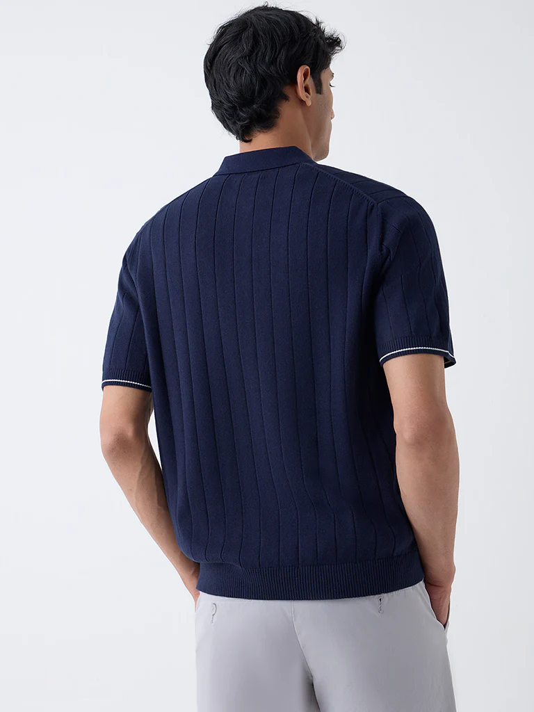 Ascot Navy Relaxed-Fit Cotton-Blend Quarter-Zip Polo T-Shirt - Image 5