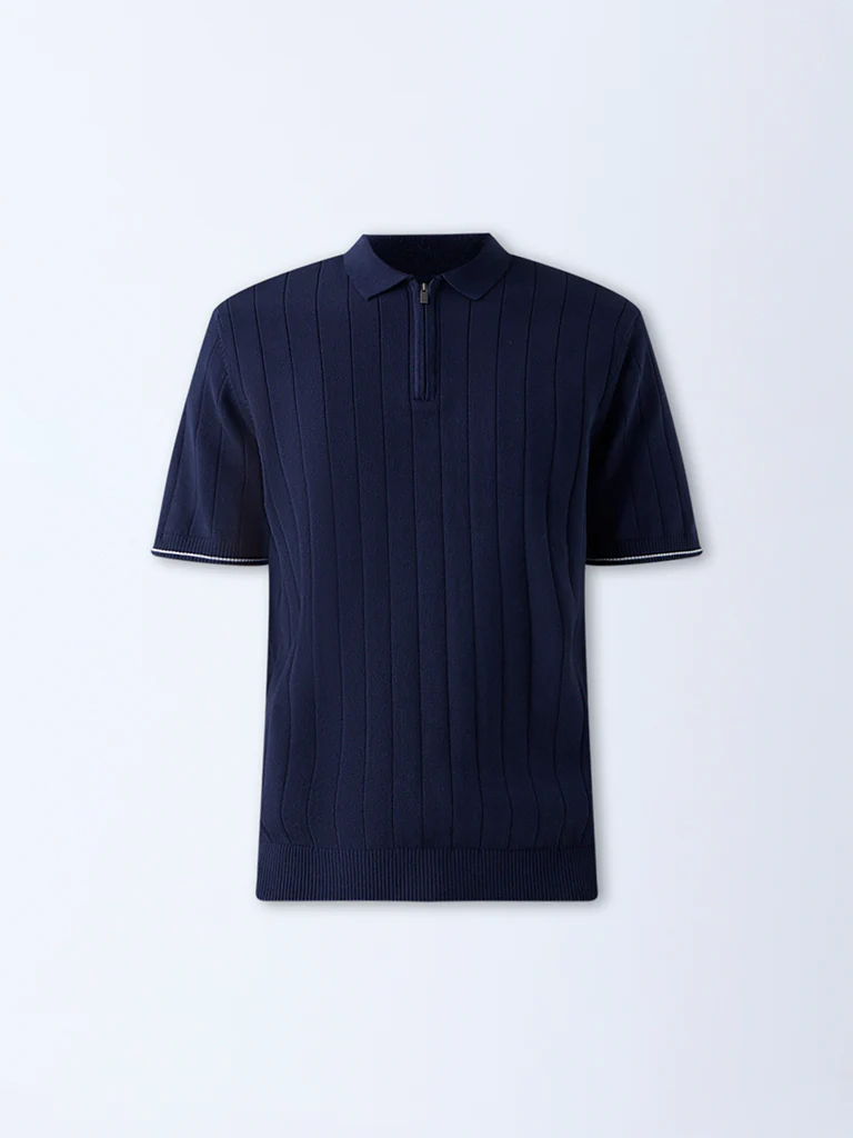 Ascot Navy Relaxed-Fit Cotton-Blend Quarter-Zip Polo T-Shirt - Image 6