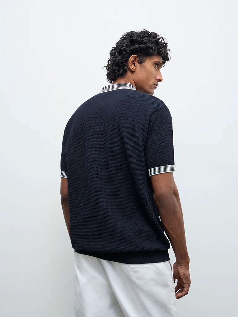Ascot Navy Relaxed-Fit Cotton Quarter-Zip Polo T-Shirt - Image 5