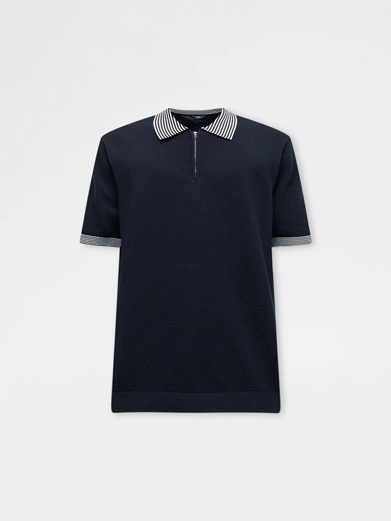 Ascot Navy Relaxed-Fit Cotton Quarter-Zip Polo T-Shirt - Image 6