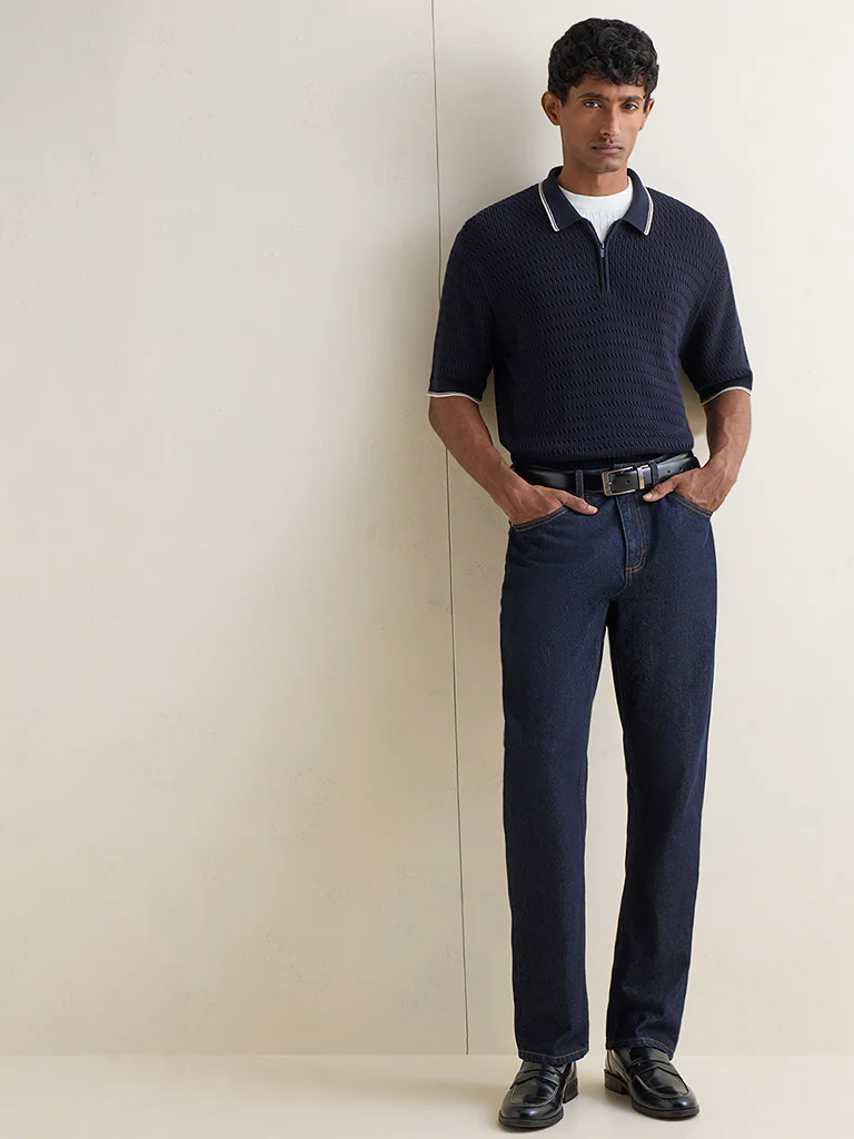 Ascot Navy Relaxed-Fit Cotton Quarter-Zip Polo T-Shirt - Image 2