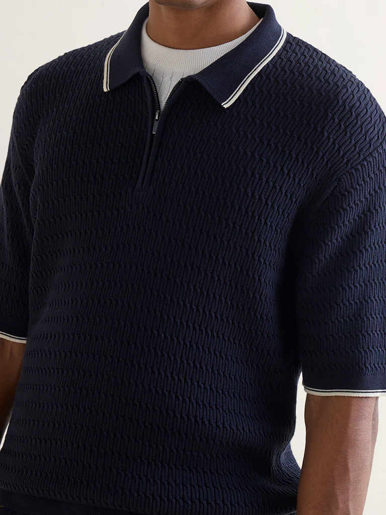 Ascot Navy Relaxed-Fit Cotton Quarter-Zip Polo T-Shirt - Image 3