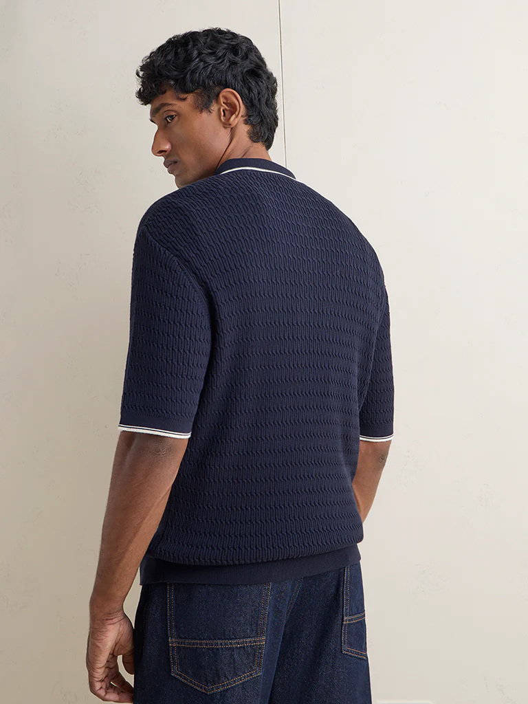 Ascot Navy Relaxed-Fit Cotton Quarter-Zip Polo T-Shirt - Image 4