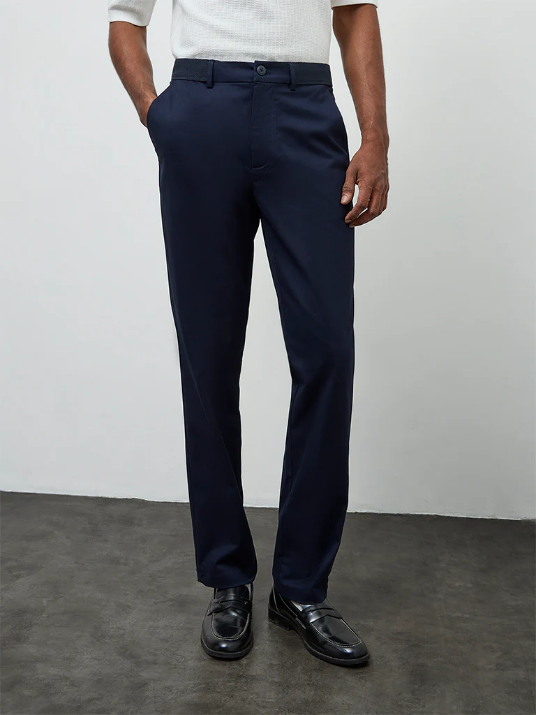 Ascot Navy Relaxed-Fit Mid-Rise Cotton-Blend Trousers - Image 3