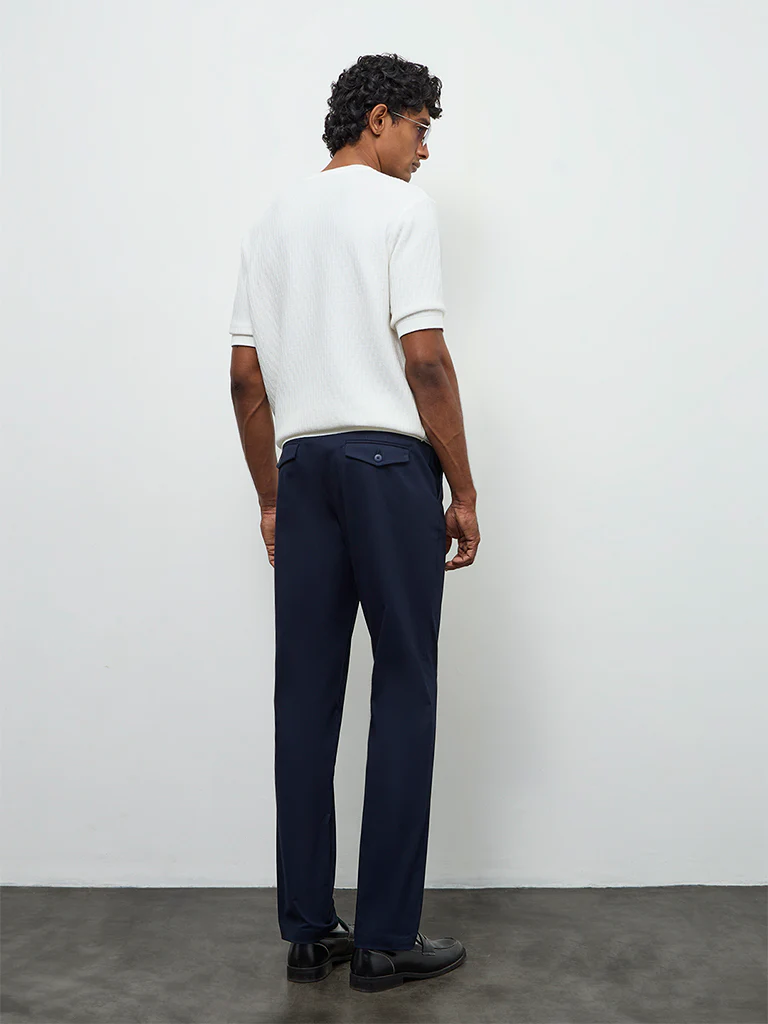 Ascot Navy Relaxed-Fit Mid-Rise Cotton-Blend Trousers - Image 5